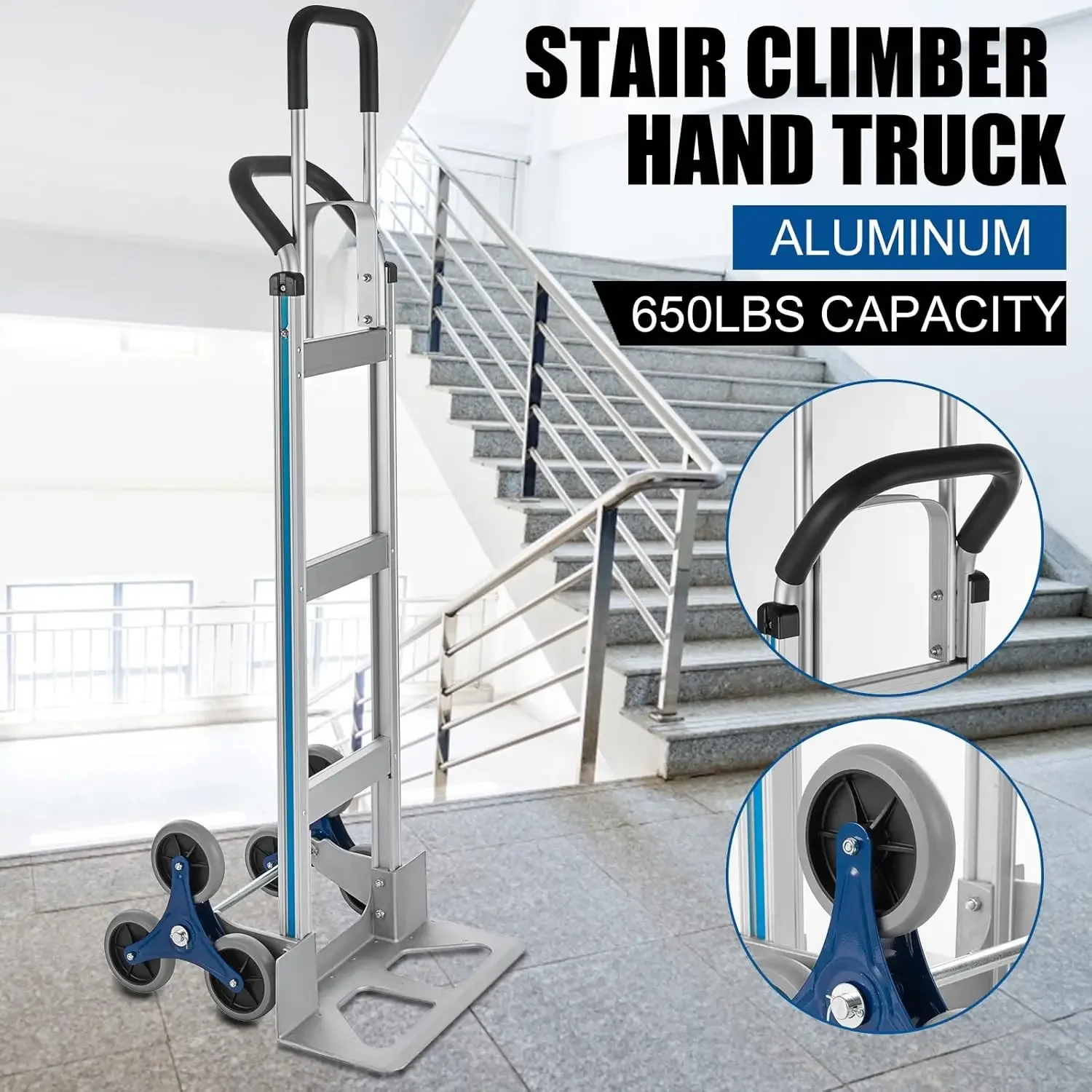 2 in 1 Aluminum Hand Truck 650 lb Capacity, Heavy Duty Stair Climbing Cart with 6 Wheels