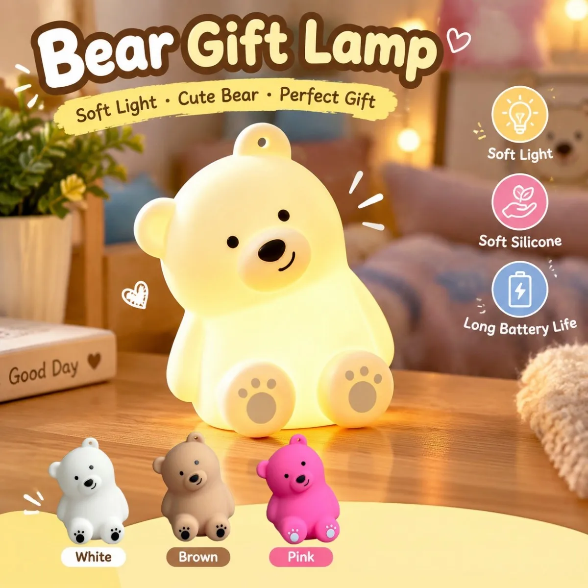 Bear Silicone Pendant LED Nightlight Bedside Atmosphere Lamp Suitable for Bedroom Decorations Gifts Key Pendant