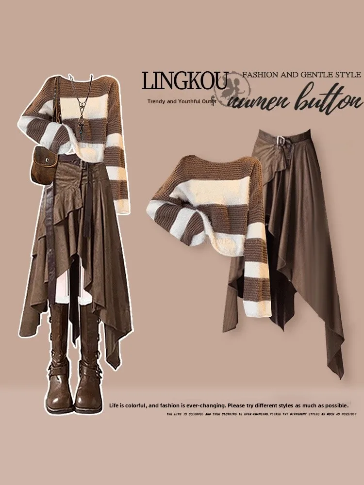

American Style plus Size Autumn Set Women's Retro Striped Sweater with Age-Defying Uneven Skirt Two-Piece Suit