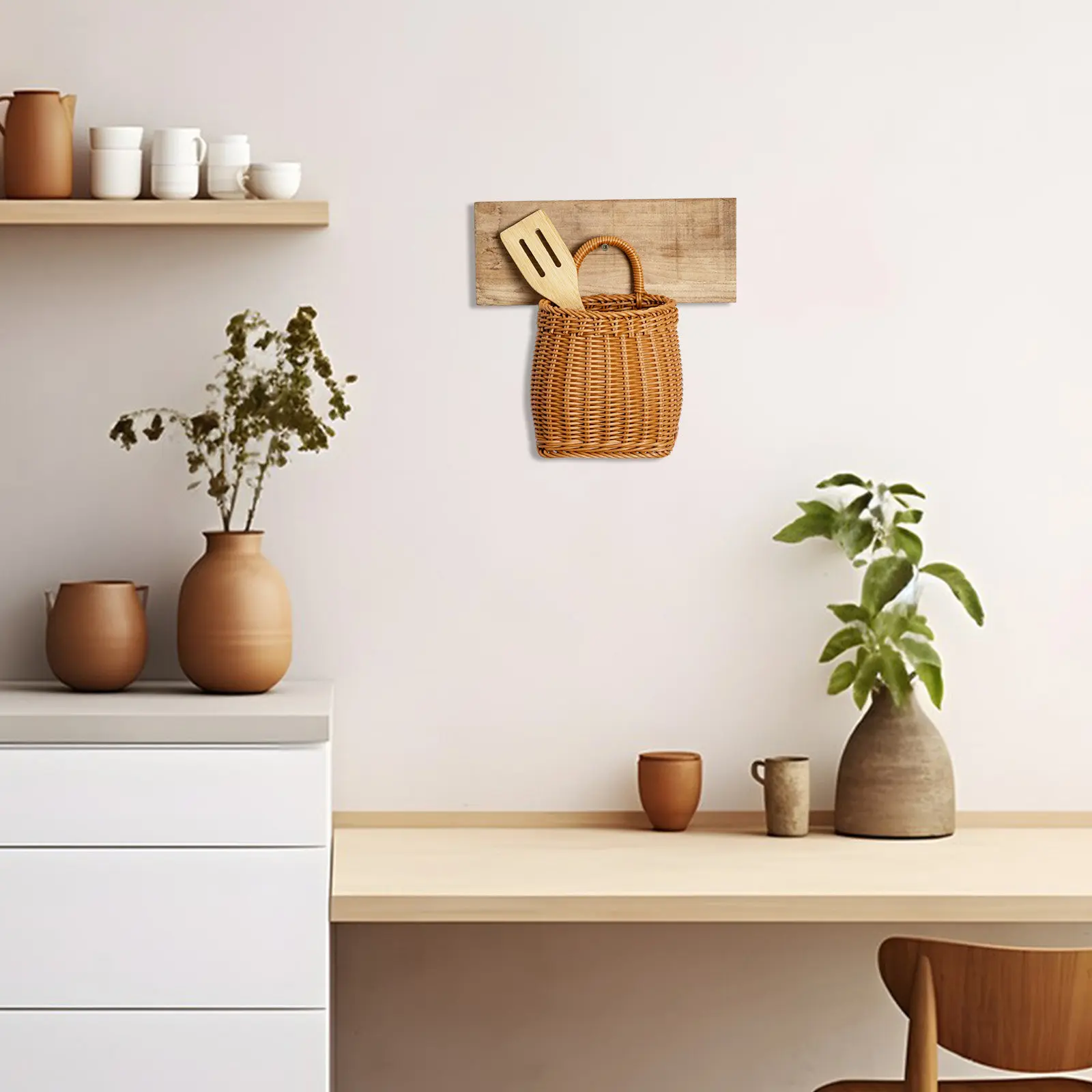 Wall Hanging Flower Basket Plastic Storage Basket Faux Rattan Handwoven Design with Handle for Kitchen Pantry Living Room Decor