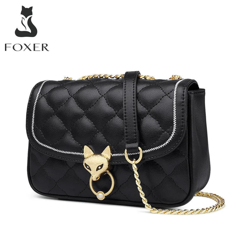Torebka damska FOXER ze skóry licowej z łańcuszkiem na ramię, elegancka klasyczna torebka crossbody, torebka listonoszka damska z diamentową kratką.