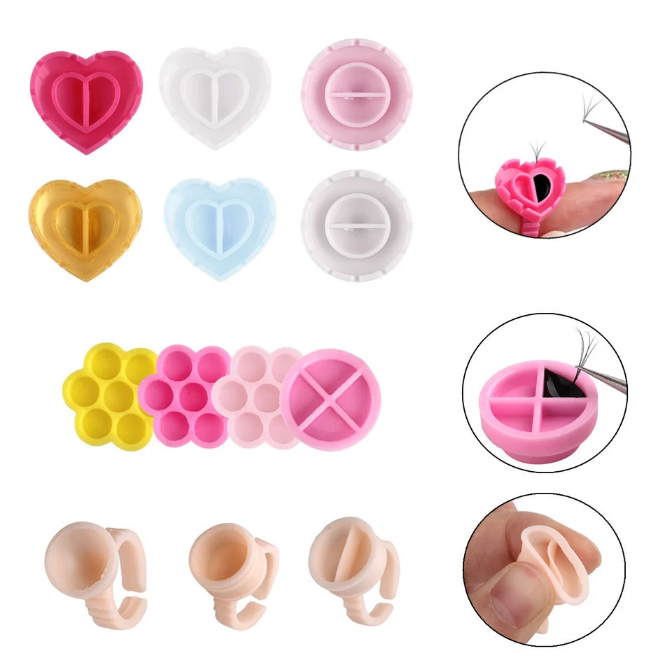 

50/100 Professional Lash Glue Ring Heart/Round Tatoo Adhesive Holder Flower Easy Fan Cilia Making Silicone Glue Ring Makeup Tool