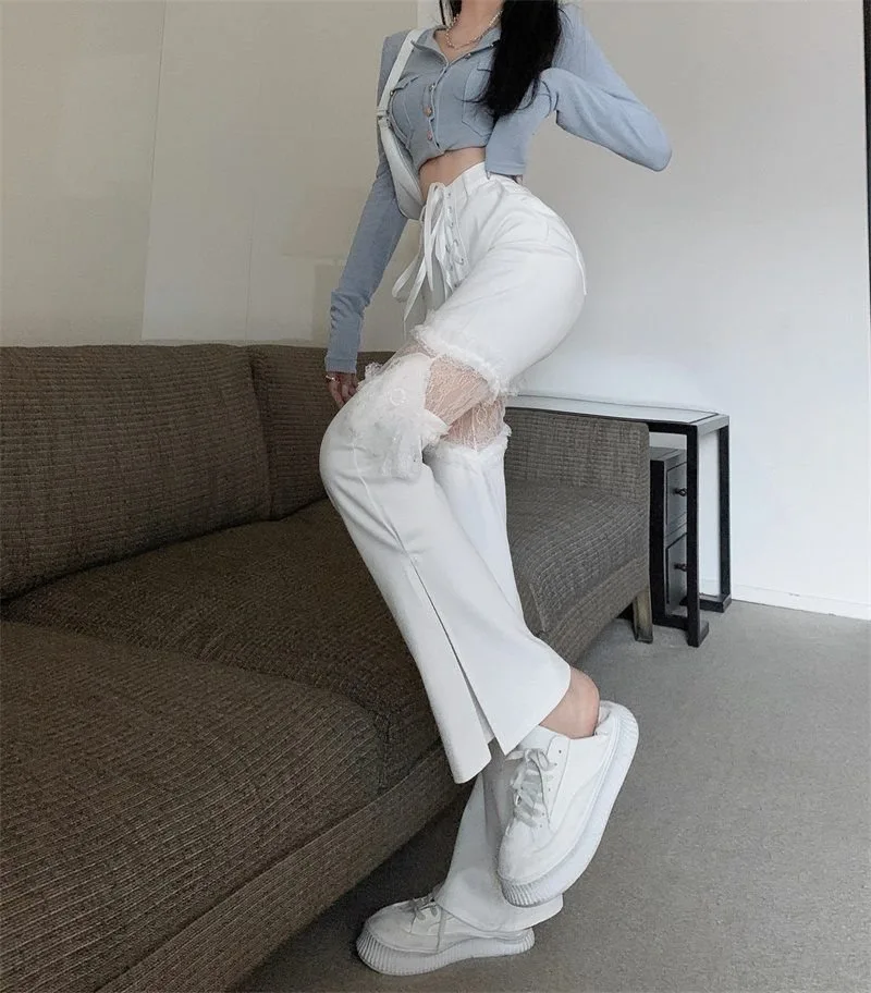 Y2k Lace Stitching Hollow Out Side Slit Bandage High Waist Flared Jeans Slim Gothic Punk Streetwear Denim Pants Harajuku Trouser