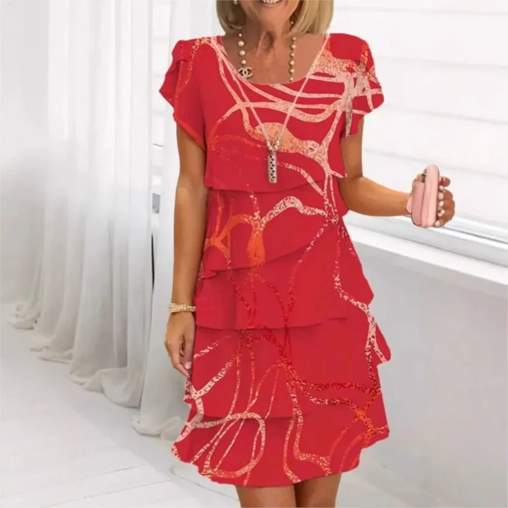 Moda em camadas babados vestido curto para o verão feminino casual impresso de manga curta solto elegante feminino praia férias vestidos