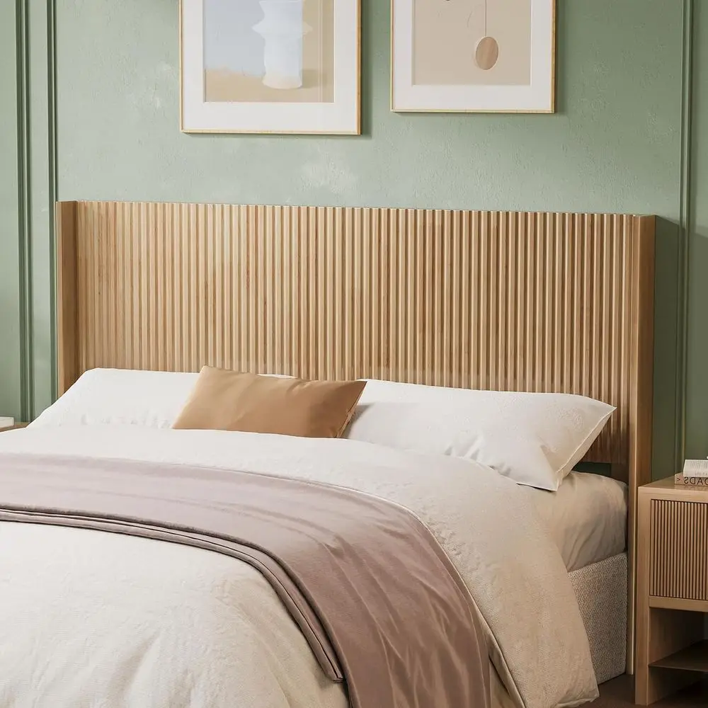 

Queen Size Wooden Bed Frame, Wall-Mounted Panel, Boho Style, Natural Finish