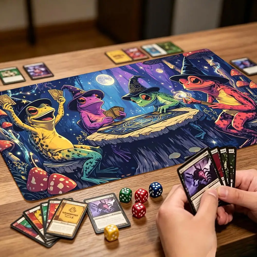 Large Forest Frog Wizard  TCG Game Playmat Non Slip Rubber Base Smooth Fabric Trading Card Battle Mat For Tabletop Card Gaming
