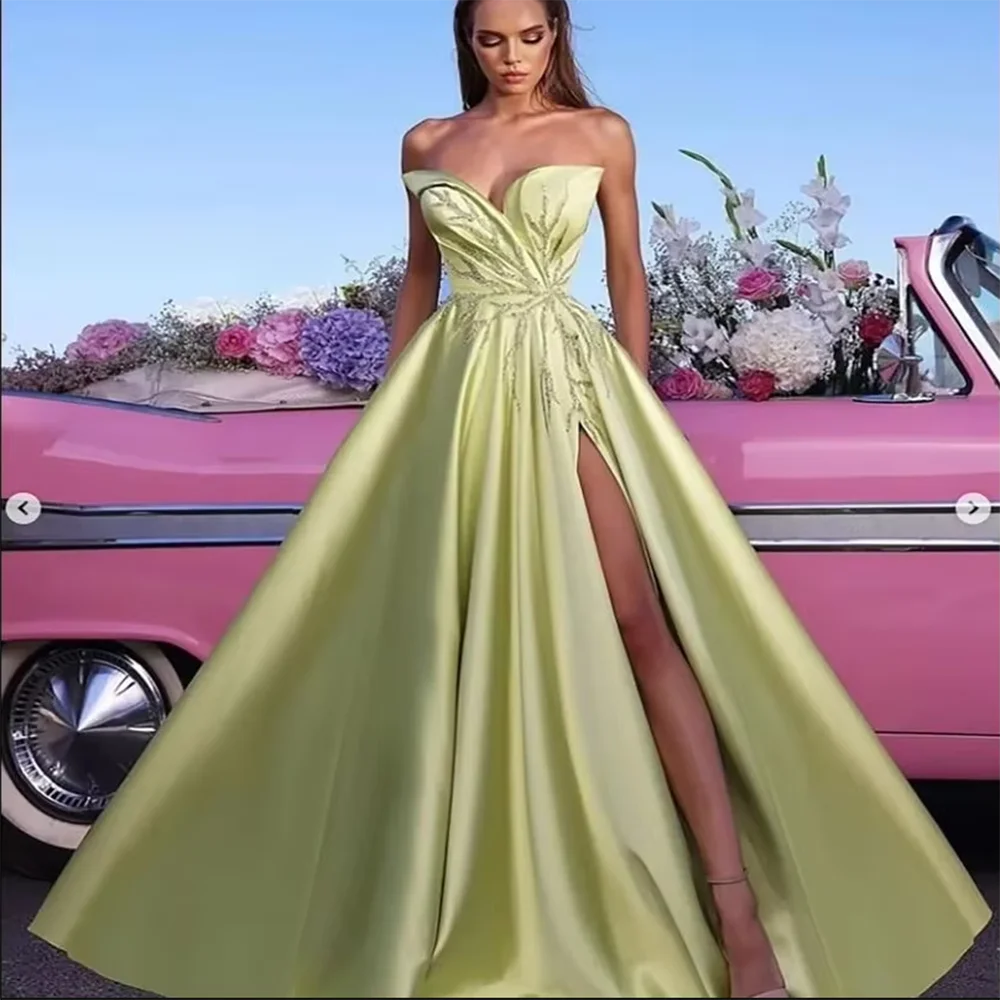 Exquisite Sweetheart Prom Dresses High Slit Floor Length A-Line Strapless Sleeveless Formal Occasions Banquet Party Evening Gown