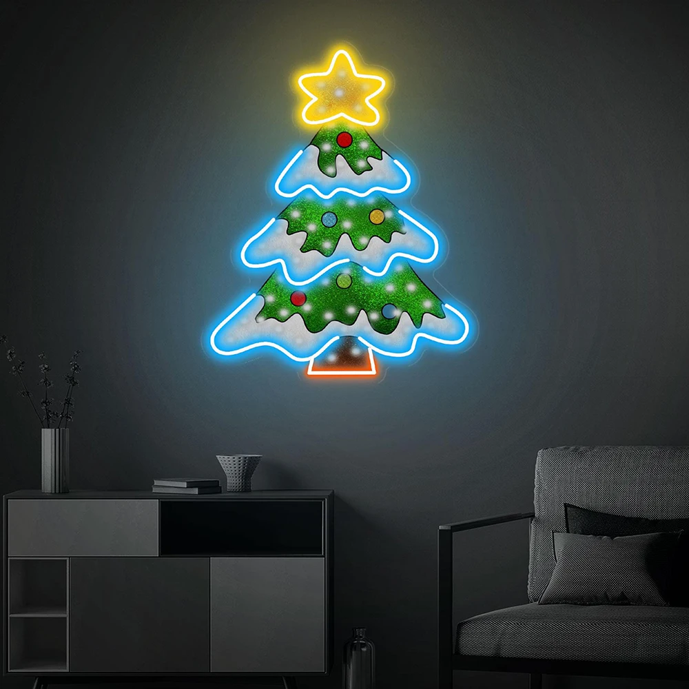 Letrero de neón con forma de estrella de árbol de Navidad, obra de arte acrílica con estampado UV, decoración de pared para fiesta navideña, luz de neón, letrero de neón personalizado