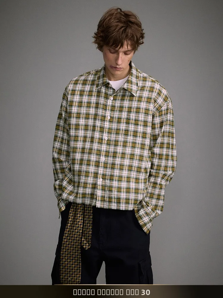 

American Retro Color Blo Plaid ort Sve Long irt Spring Loose Couple Match Turn Collar Cotton irt Youth Faion