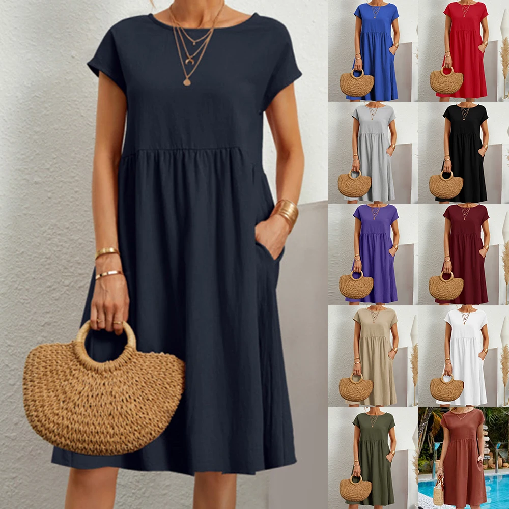 Cotton Linen Dress Summer Thin Women Solid Color Round Neck Short Sleeve Knee Length Beach Dress Casual Loose Holiday Vestidos