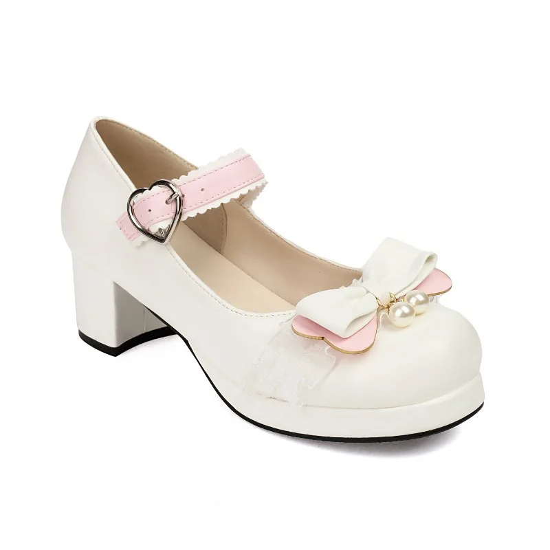 Women Plus Size Lolita Mary Jane Pumps Preppy College Color Block Bow Block Heel Shoes Sweet Kawaii Harajuku Daily Footwear