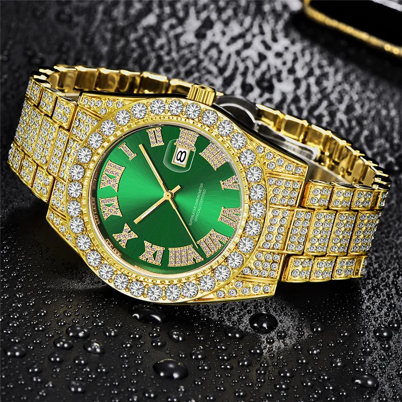 Montre Homme Luxury Brand Watches For Men Hip Hop Diamond Fashion Alloy Band Date Quartz Watch Relogio Masculino Ouro Dourado