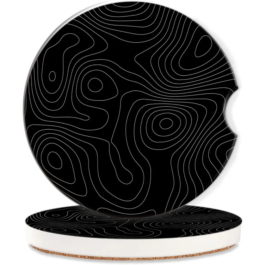 

Car Coasters Topographic Cup HolderBlack Contour Map Cute Coasters 2 Pack Anti Slip Ceramic Car Cup Holder Accessories with Fin