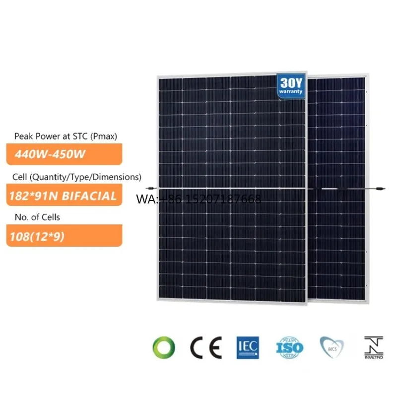 HALF CELL TOPCon Bifacial Double Glass Solar Panel for Commercial Rooftop Solar System High Efficiency 440W 445W 450W 182M