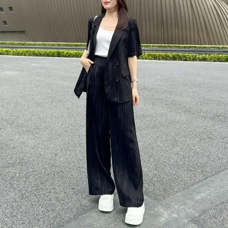 

Formal Summer Blazer and Pant Sets for Women 2 Pieces Wide Leg Black Trousers Suits Business Promotion Luxury Clothes JJ64