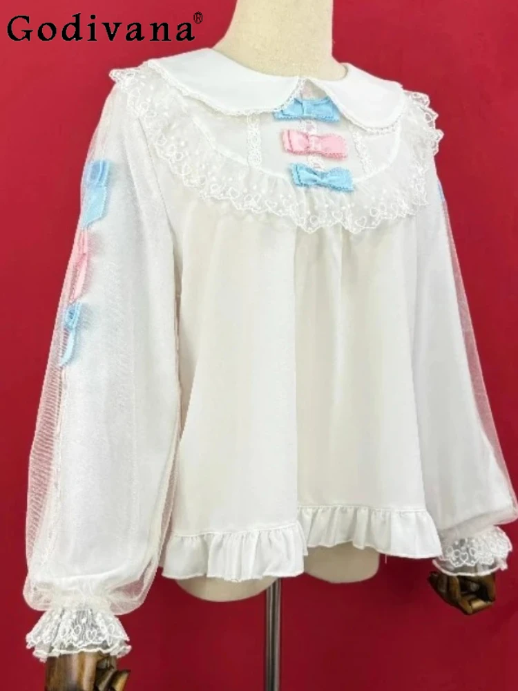 

2025 Lolita Cute Peter Pan Collar Sweet Long Sleeve Pullover Bottoming Shirt Lantern Sleeve Sweet Bow Girls Age Reducing Blouse
