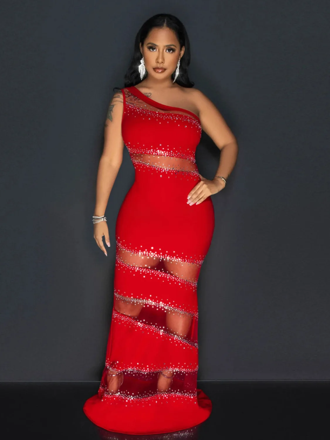 

Rhinestones Jazz Dance Costumes Broadcasting Dress Models Latin Women Mesh Patchwork One Shoulder Music Dresses 2024 Summer New