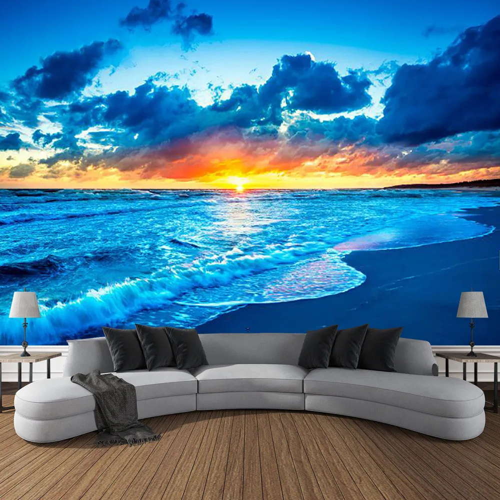 Summer Landscape Beach Sunset Sea Wave Tapestry Wall Hanging Printed Large Tapestry Aesthetic Dorm Interior Room Bedroom Decor