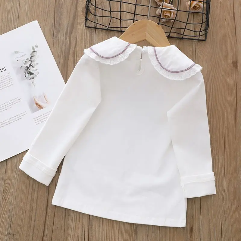 New Autumn Children\'s White Tops Casual Toddler Baby Pearl T-shirts Cotton Long Sleeve Flower Tshirt Kids Turn-down Collar Shirt