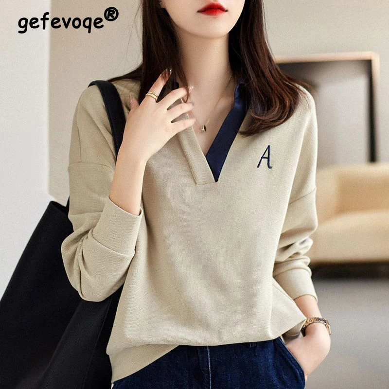 

Women Korean Fashion Contrast Color Letter Embroidery Chic Sweatshirt Office Lady Casual V Neck Long Sleeve Loose Pullover Tops