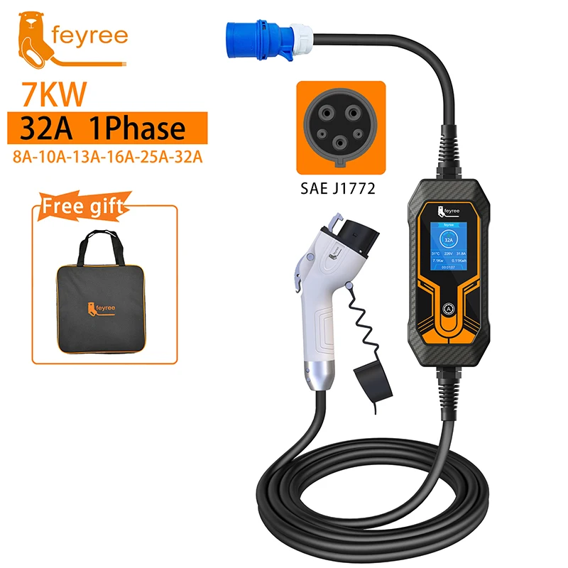 Feyree portátil ev carregador wallbox type2 cabo 32a 7kw com plugue cee evse type1 caixa de carregamento j1772 adaptador para veículo elétrico