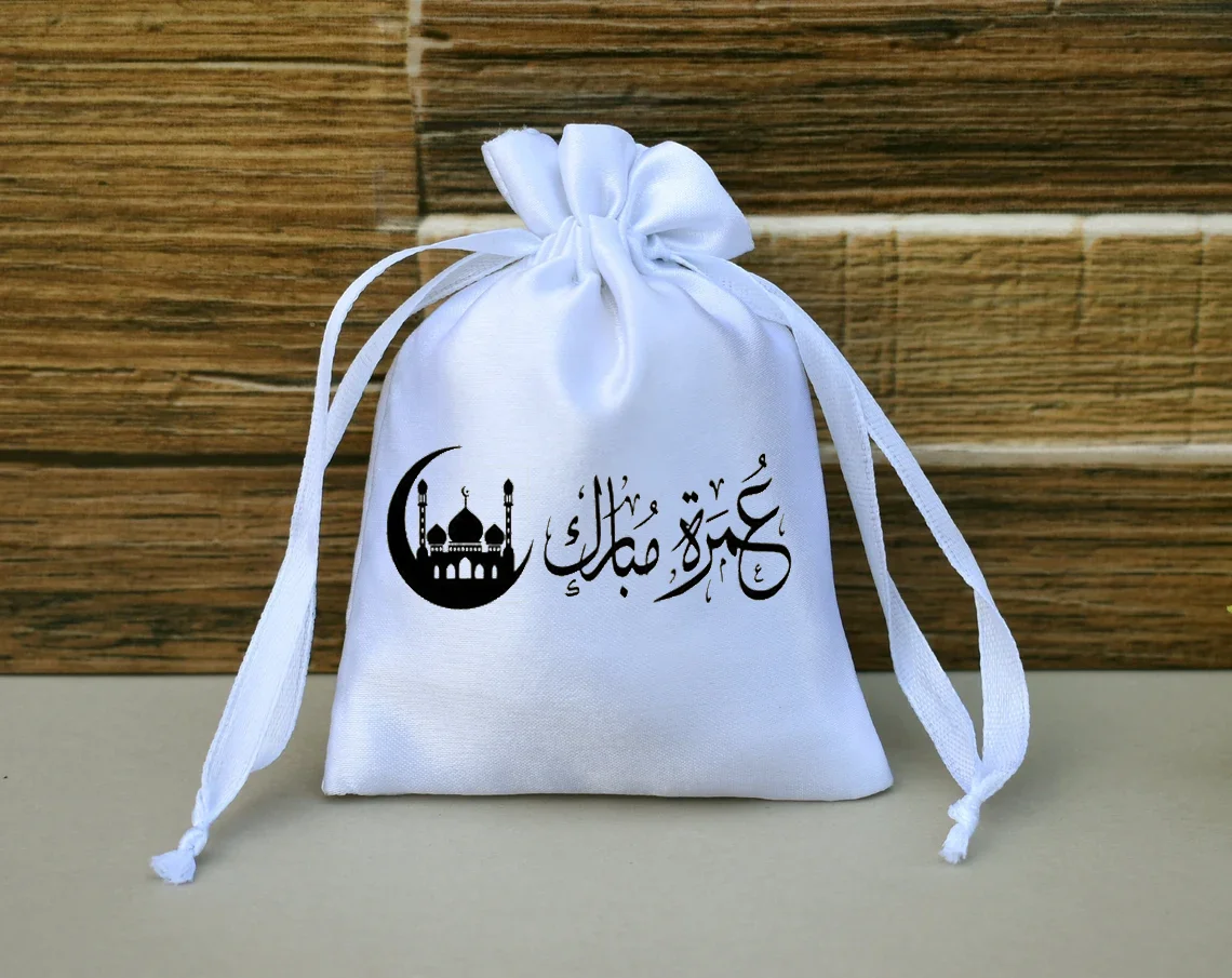 5 pz Umrah Mubarak sacchetto regalo tascabile con coulisse in raso bianco Eid Al-Fitr musulmano islamico Ramadan Kareem regalo Eid Mubarak Decoracion