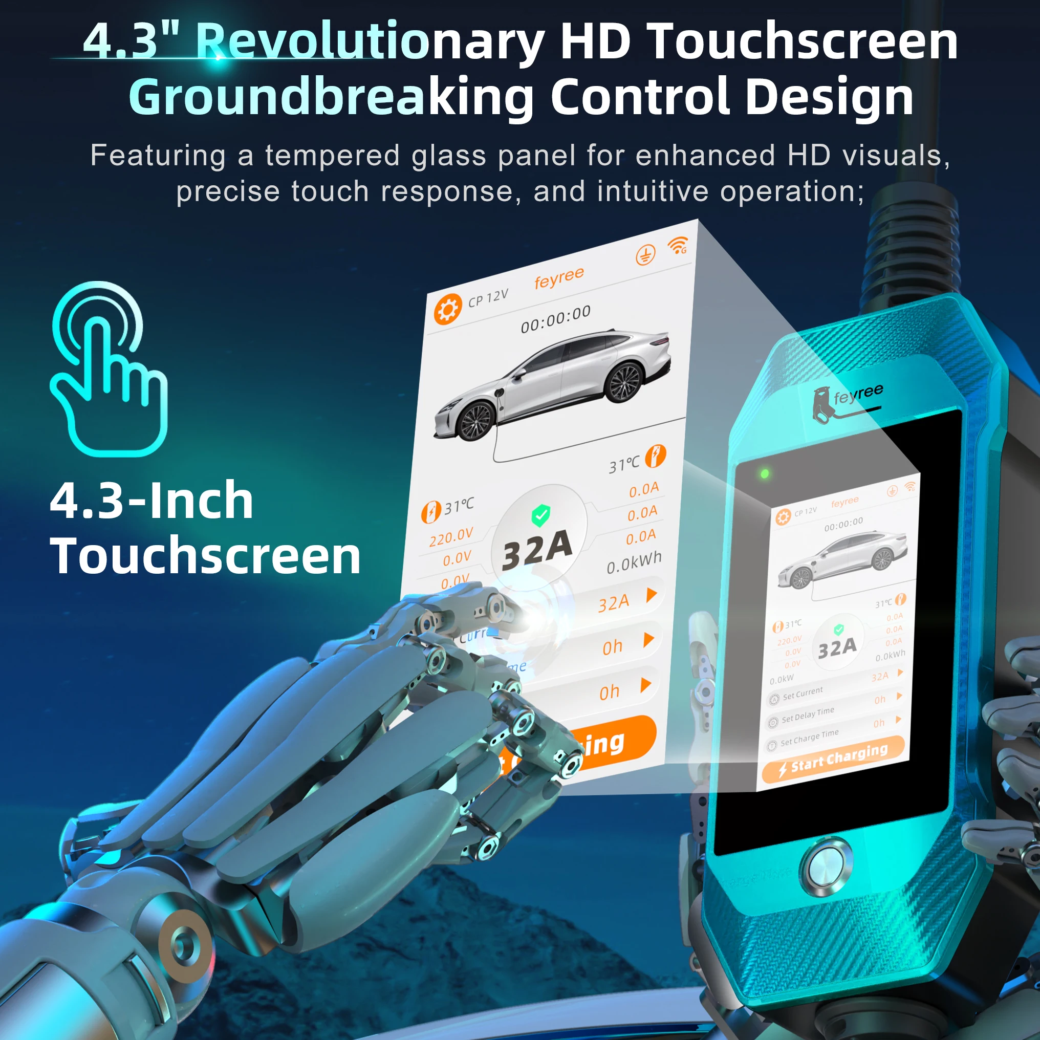 Feyree EV Charger 4.3inch Touch Screen Type2 /Type1 /GBT /TS-NACS 32A 7kW 1P Portable Charger Smart APP WiFi Control for EV Cars