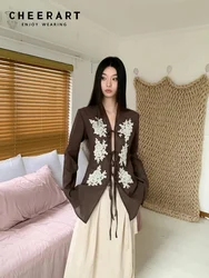 CHEERART  Vintage Brown Lace Up Flare Long Sleeve Blouse Fall Clothes 2024 Women Embroidered Shirt Designer Fashion Top