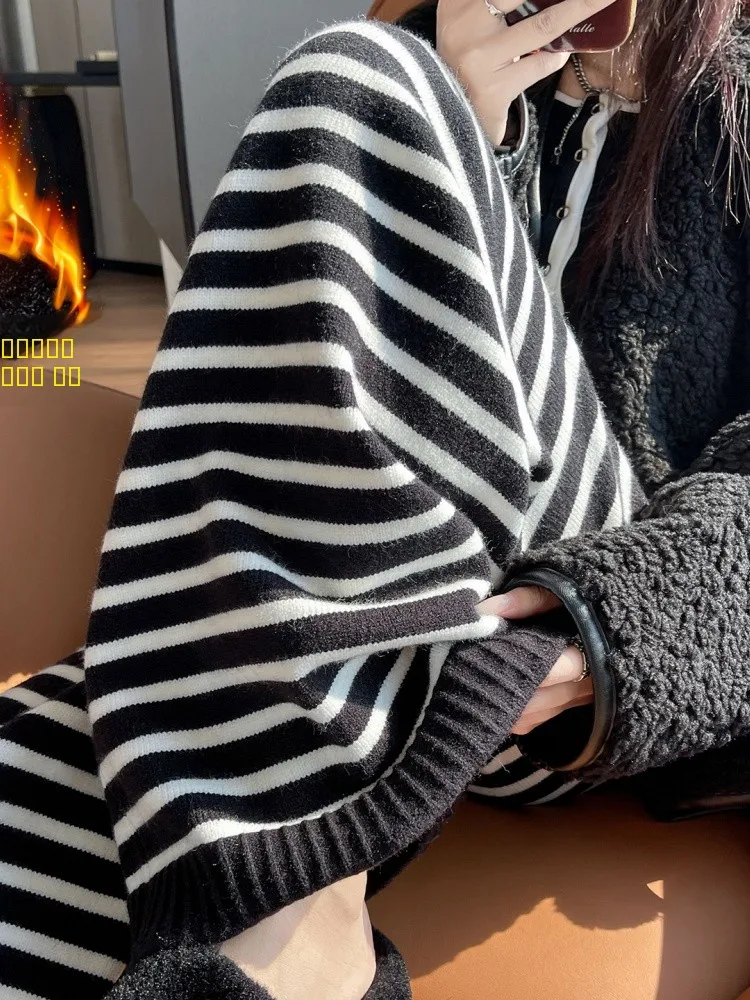 Plones Anchos a Rayas de Cintura Alta para Mujer, Plones Casus de Punto, Estilo Coreano, Diseño con Bolsillos Late...