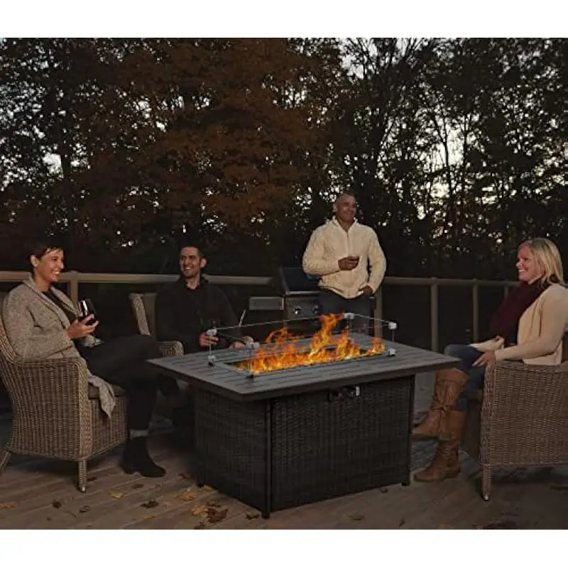 Rectangular propane fire table with 55000 BTU dual-tube burner, weatherproof stainless steel frame, automatic ignition, integrat