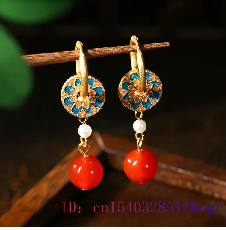 Red Real Jade Bead Earrings Women Natural Jewelry 18K Gold Plated Accessories Fashion Gemstone Gifts Designer Flower Carved