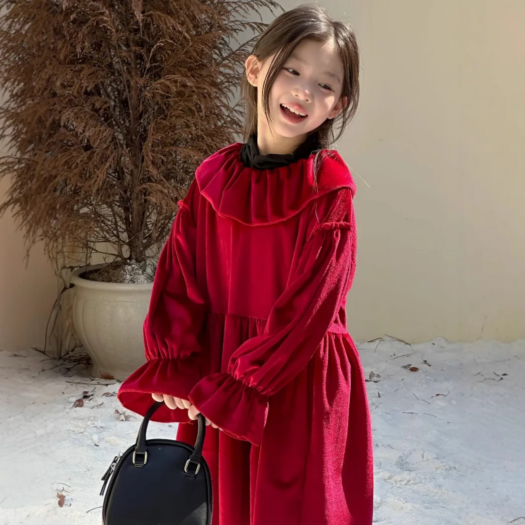 Winter Children Girls Fleece Dress Solid Flare Sleeves Warm Kids Girls Frock Double Layered Collar Toddler Girls Princess Dress