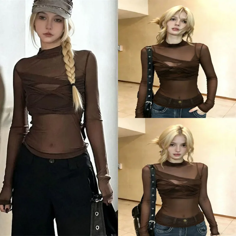 

Y2K Aesthetic T-shirts Women Chic Sexy Mesh Long Sleeve Streetwear American Retro Sheer Slim Fit Waist Crop Girl Tees Top New