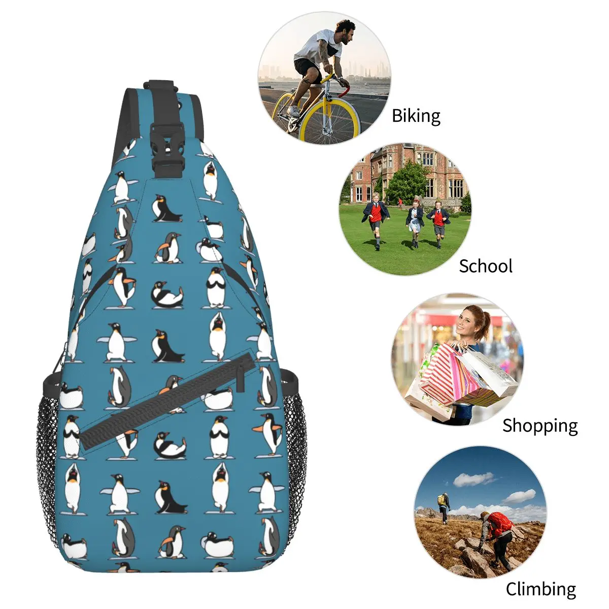 Schattige Pinguïn Yoga Sling Bag Borst Crossbody Schouder Rugzak Wandelen Reizen Dagrugzakken Cartoon Dier Cool School Tassen