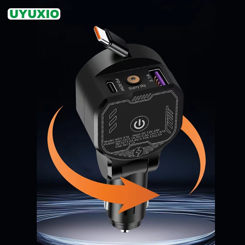 

UYUXIO Full PD 30 Вт Выдвижное автомобильное зарядное устройство Супер быстрая зарядка 3 в 1 в автомобиле со звездным светом для Macbook Samsung iPhone