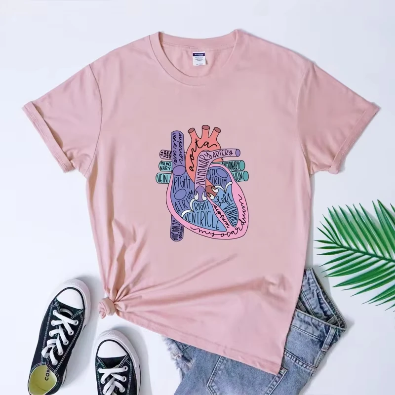 الملونة التشريحية القلب تي شيرت Camiseta وقح المرأة الجرافيك التشريح التي شيرت تنفس قمم