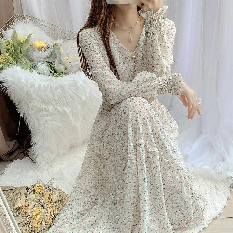 Chiffon Ruffle Slim Folds Casual Print Floral Dress Summer Long Sleeve Dresses New Spring Korean Fashion Elegant Womens Clothing