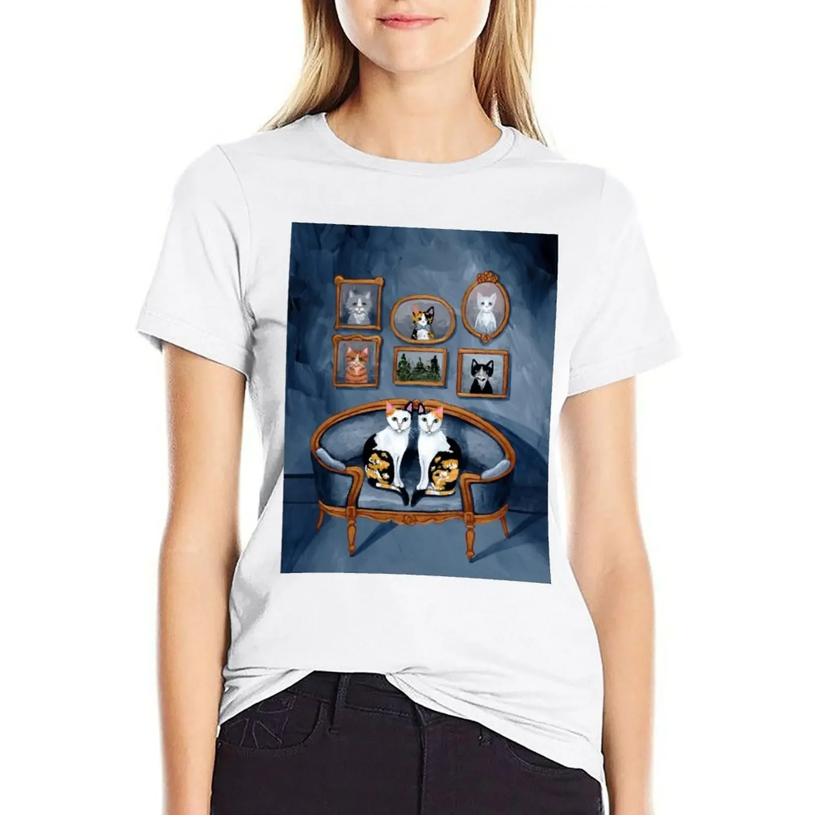 Calico Cats in the Blue Room T-shirt summer tops Female clothing tees cropped t shirts for Women