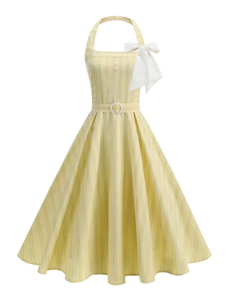 Abiti estivi eleganti da sera con vestibilità senza schienale e svasatura, bottoni con scollo all'americana, abiti vintage anni '50 a righe per le donne