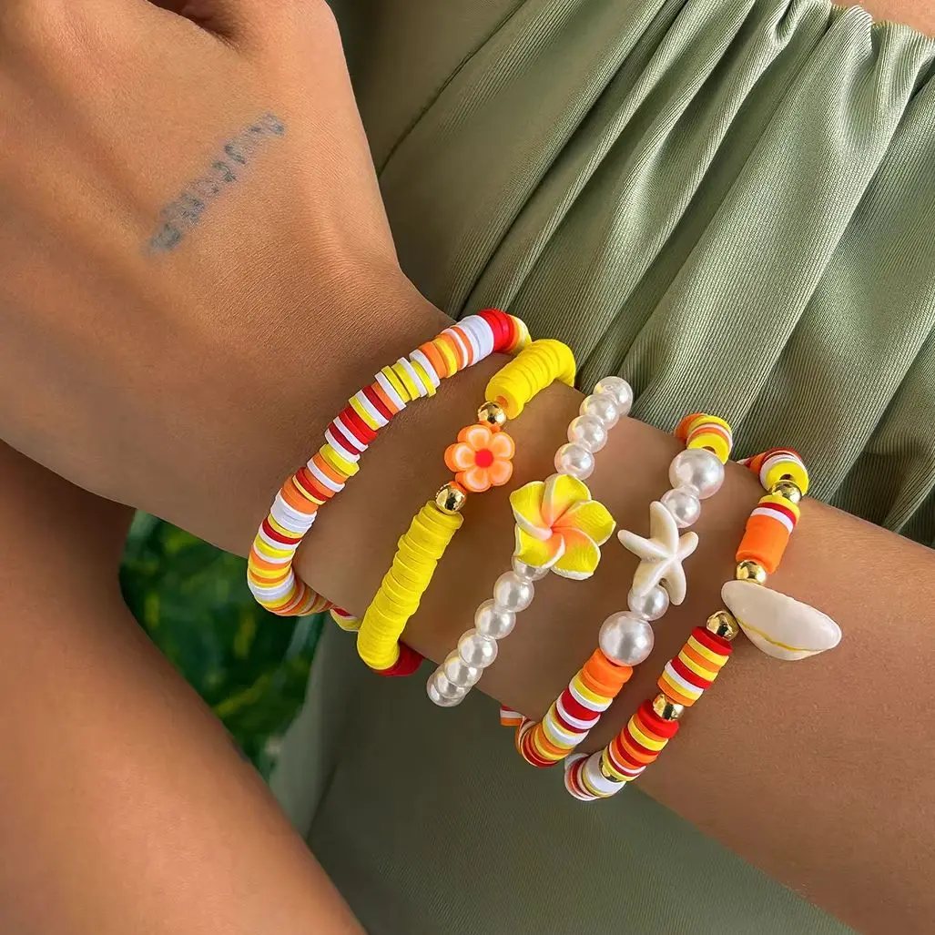 

PuRui Bohemia Colorful Multi Piece Set Soft Ceramic Bracelet for Men Imitation Pearl Flower Starfish Pendant Elastic Bangle