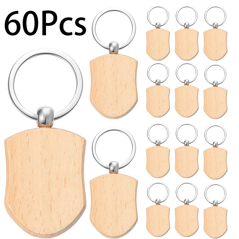 60Pcs DIY Gifts Handmade Blank Keychain Wooden Key Tag with Split Ring Key Chain