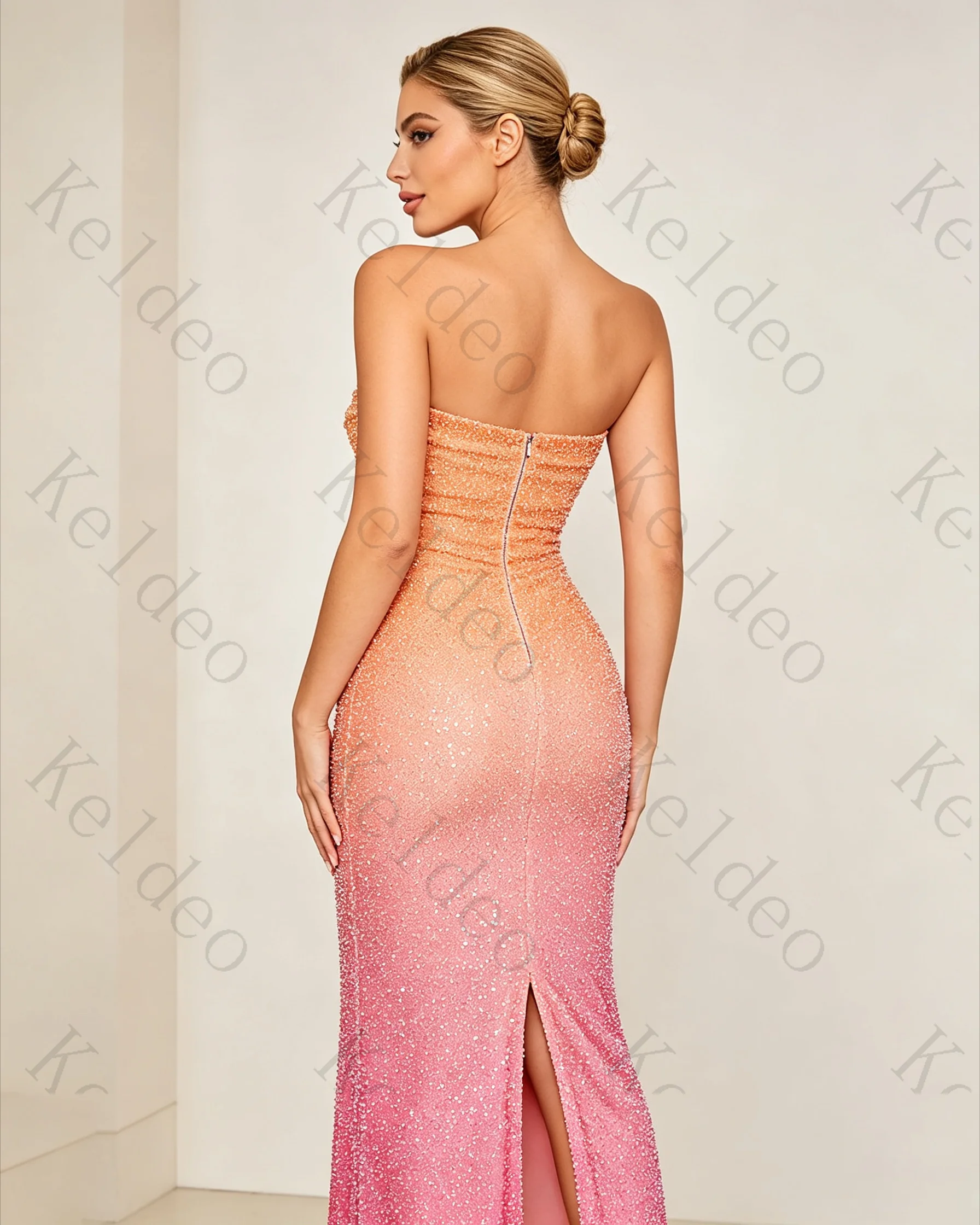 Customized Women's Elegant Pink Orange Gradient Sequin Evening Dress Strapless Midi Bodycon for Prom Party Club Wedding Guest
