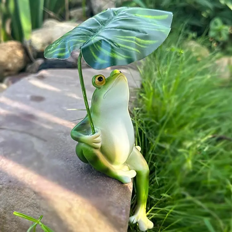 Cartoon Holding Umbrella Leaf Frog Statue Creative Garden Yard Lawn Frog Figurine Landscape Decoration Fish Tank Ornament