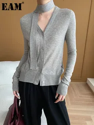 [EAM] Gray Ribbon Elegant Irregular Knitting Cardigan Sweater V-Neck Long Sleeve Women New Fashion Spring Autumn 2024 1DH6855