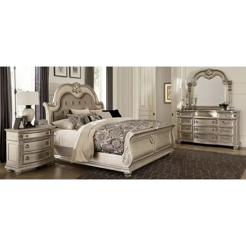 Modern 4 Piece Wood Bedroom Furniture Set American Style Panel Bed Nightstand Dresser Storage for Living Room Hotel Home