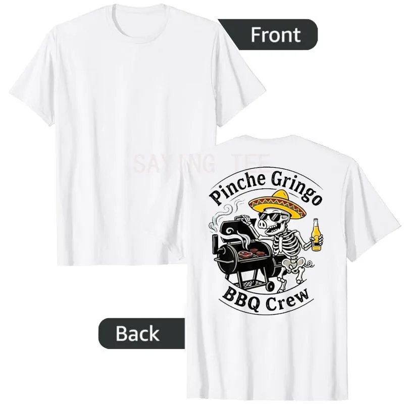 Pinche Gringo BBQ Crew Skelett-Schwein beim Grillen mit Bier (auf Rückseite) T-Shirt Y2k Kochen Smoker Grill Ästhetische Kleidung Herrenmode Tee – Detail 3
