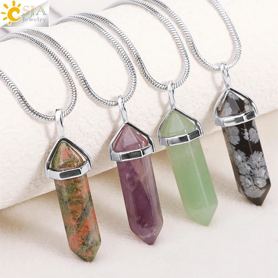 Hexagonal Crystal Stone Pendant Natural Stones Stainless Steel Necklace for Women Rose Quartz Obsidian Tiger Eye Jewelry H287