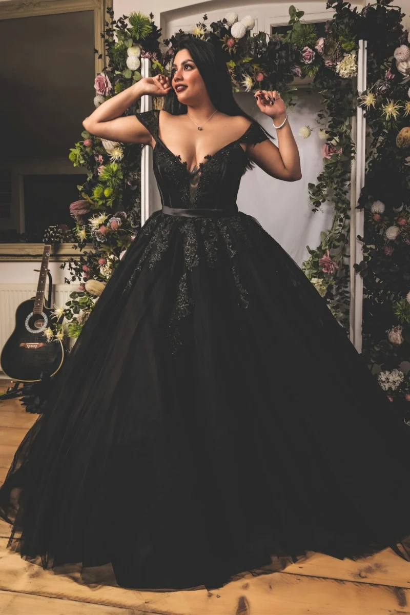 Jessica-Robe de mariée noire gothique avec broderie de perles, robes de Rhde luxe, dame élégante en tulle, robe éducative personnalisée