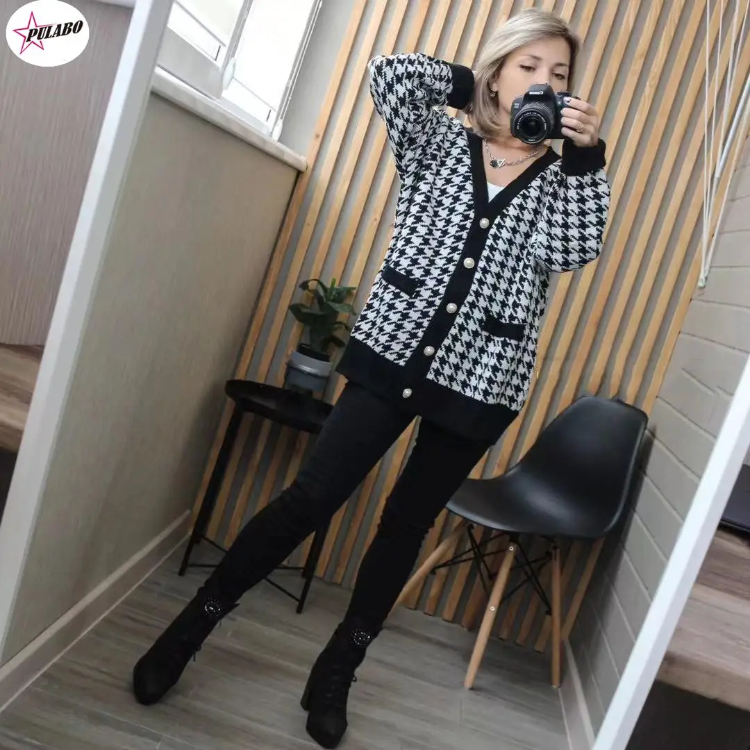 PULABO V Neck Women Button Black Houndstooth Cardigan y2k Long Sleeve Sweater Autumn Winter Knitted Loose Oversized Jumper ins