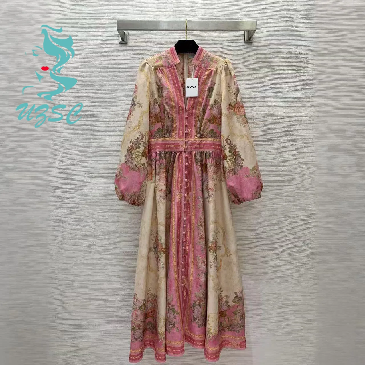 

UZSC luxury dress high-end custom fabric printing buttoned open deep V-neck waist slim lantern sleeves long dress
